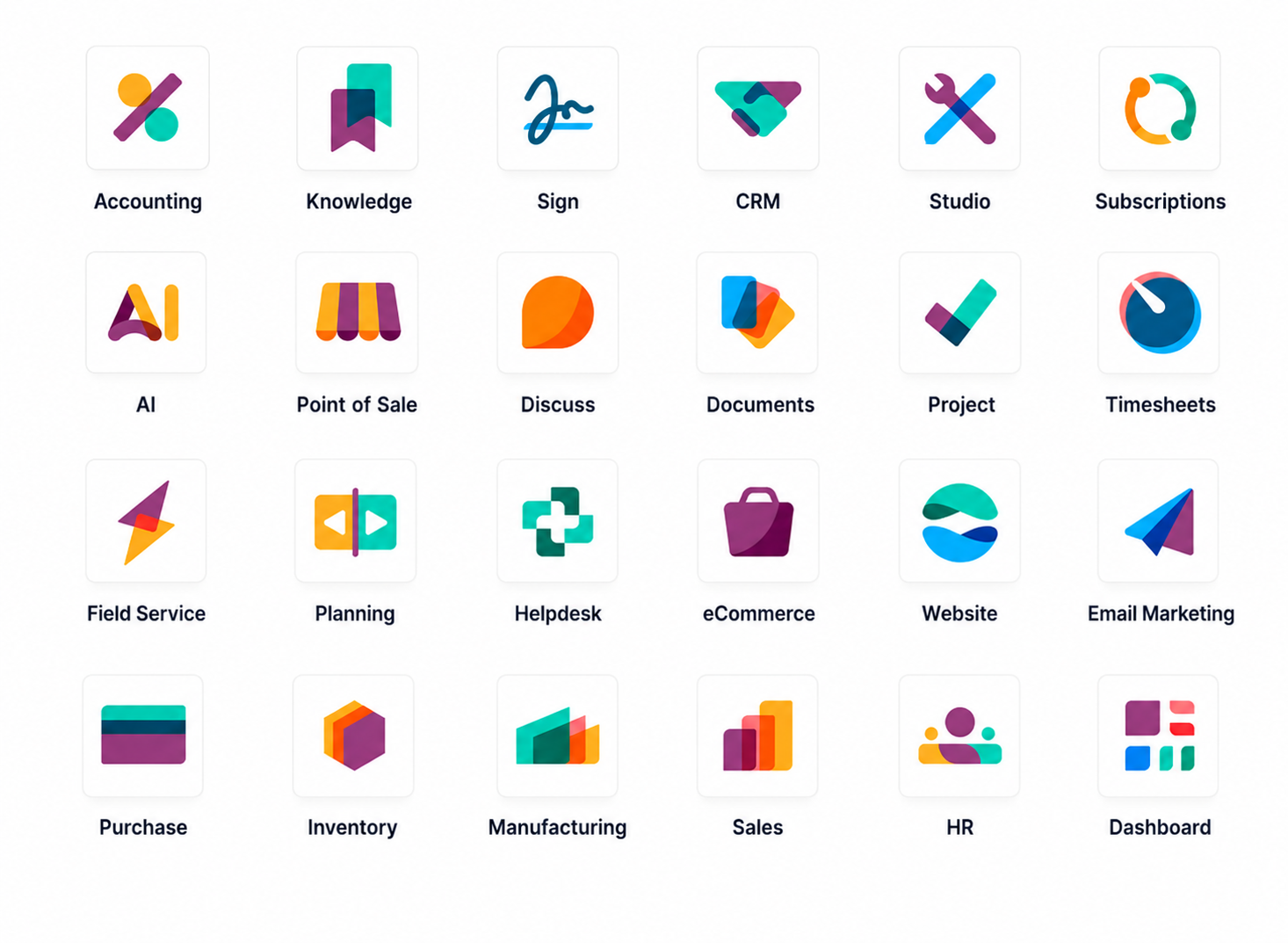 OBMS business modules: Accounting, CRM, Sales, Inventory, HR, Projects, AI and more